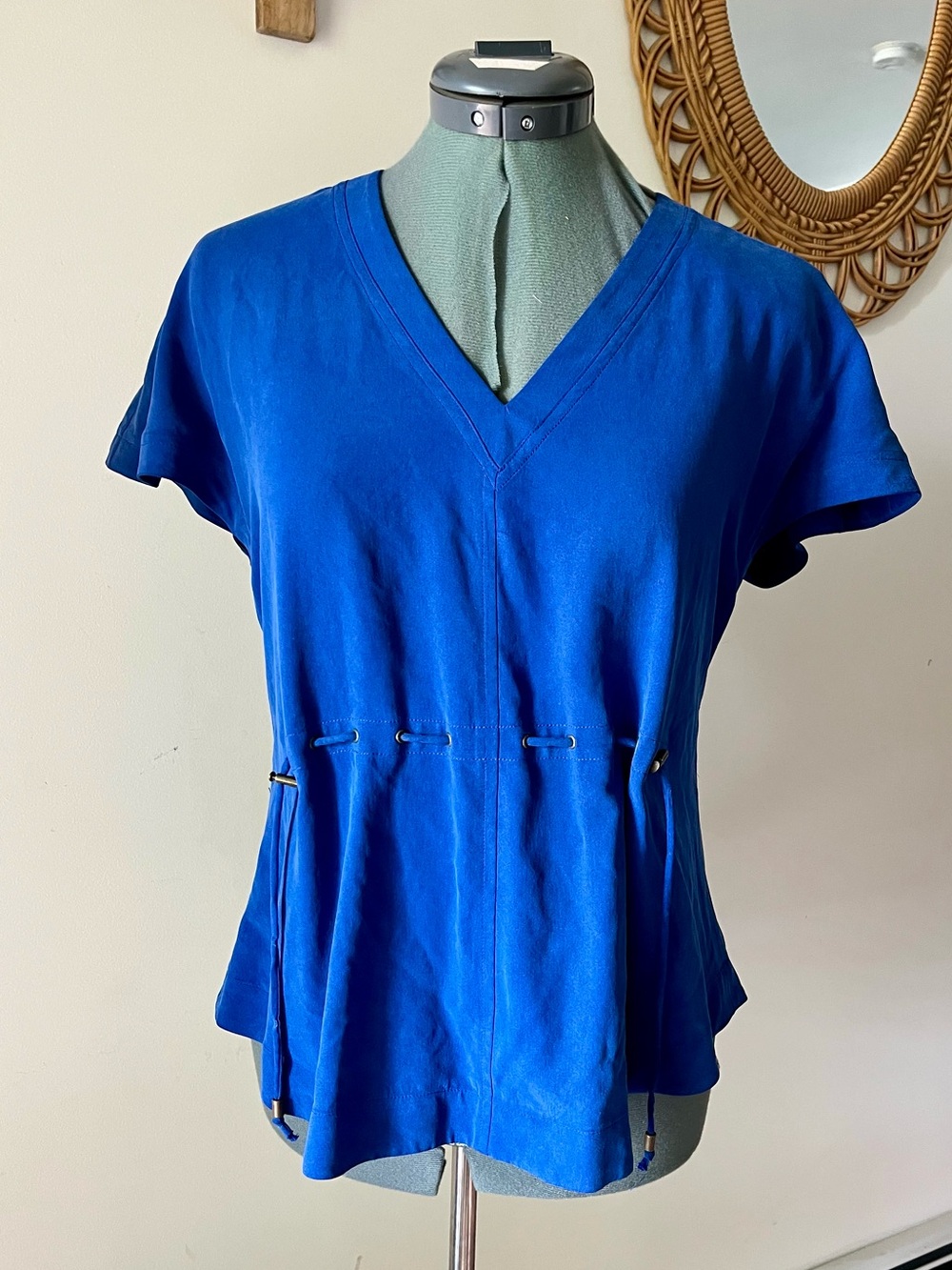 Derek Lam 10Crosby 100% Silk Cobalt Blue Drawstring Waist Blouse Petite